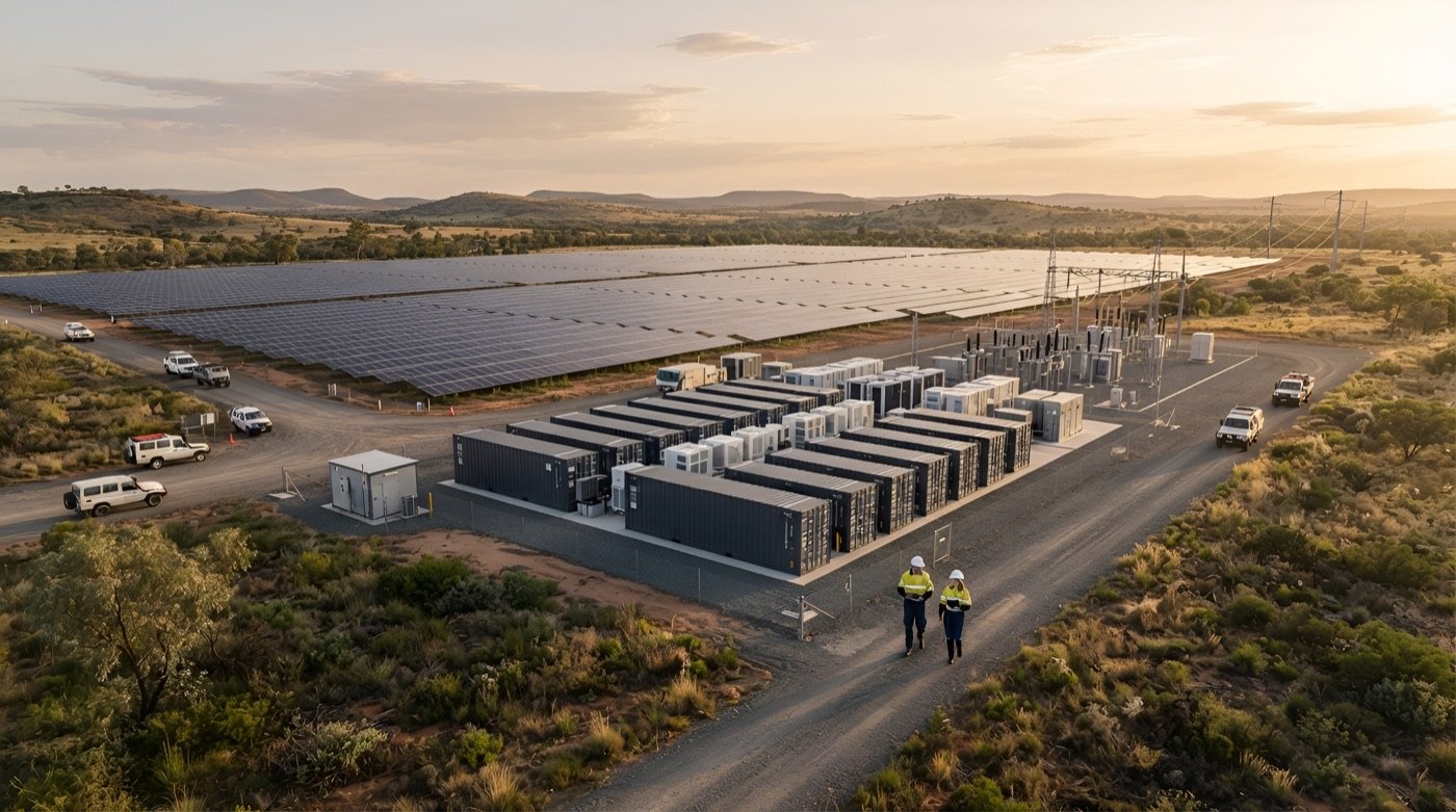 Utility-scale solar farm and battery energy storage system at sunset in regional Australia
